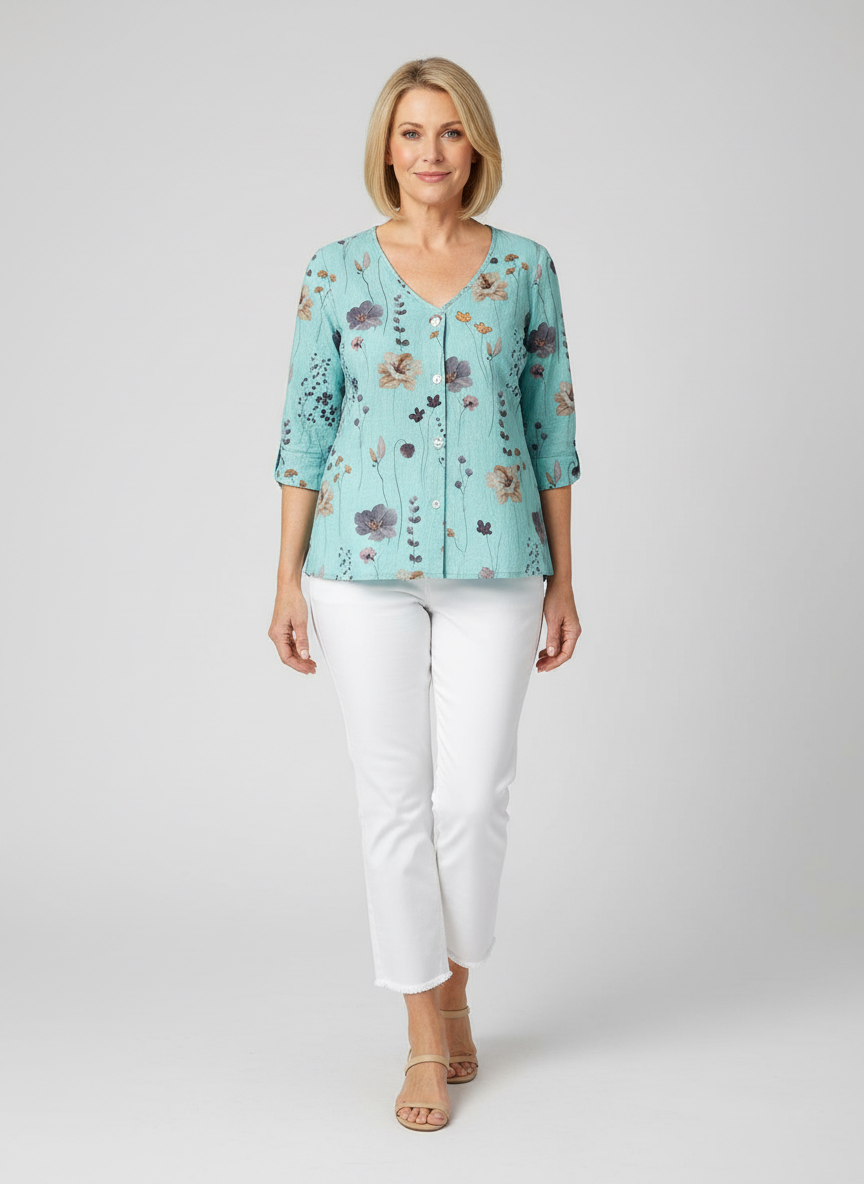Blouse for Women – V-Neck Floral Print | Button Front & Three-Quarter Sleeves
