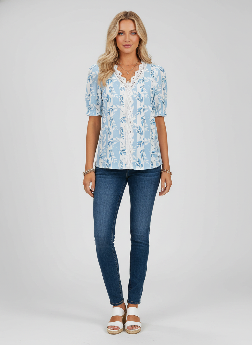 Blouse for Women – Lace V-Neck Design | Printed Pattern & Short Sleeves