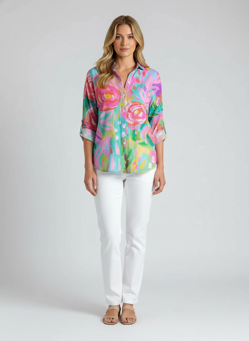 Blouse for Women – Abstract Print Button Front | Long Sleeve & Collared Neckline