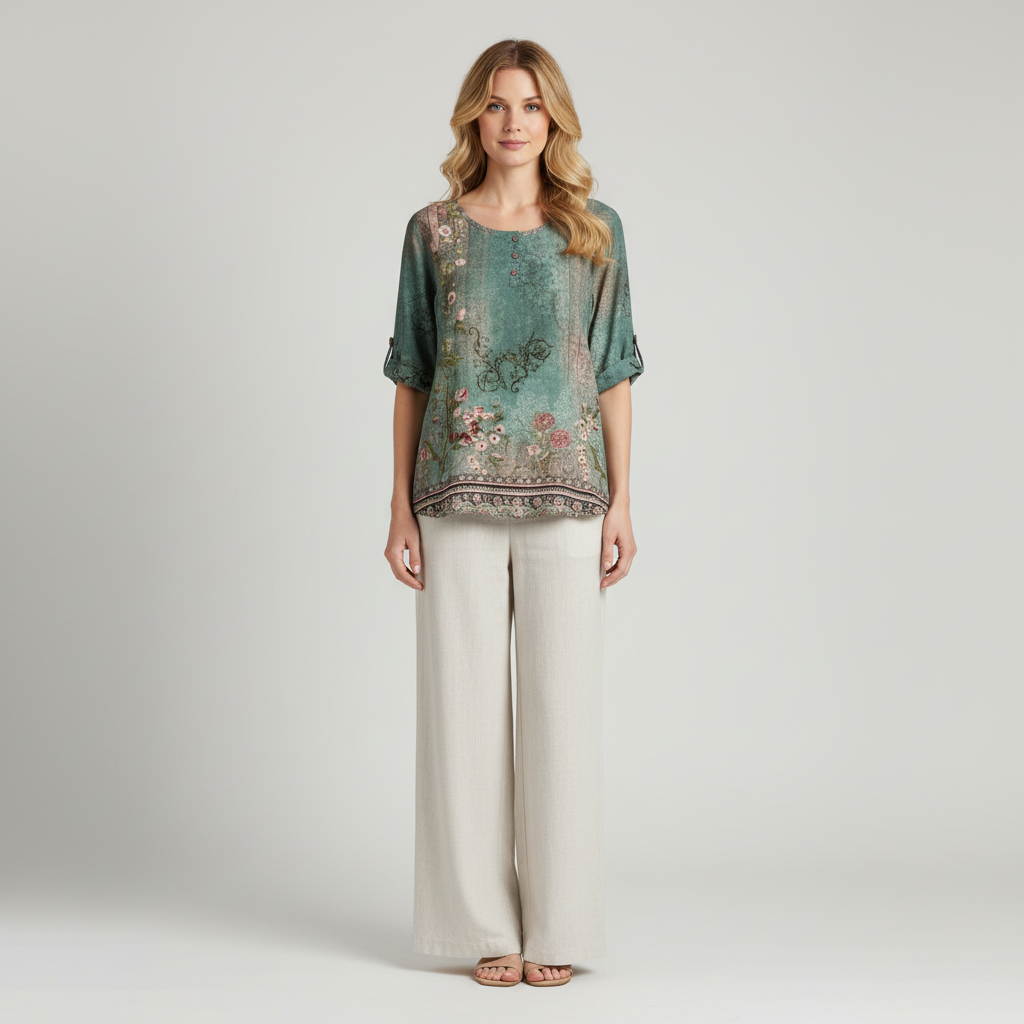 Blouse for Women – Retro-Inspired Print | Short Sleeve &amp; Round Neckline