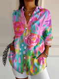 Blouse for Women – Abstract Print Button Front | Long Sleeve & Collared Neckline 0