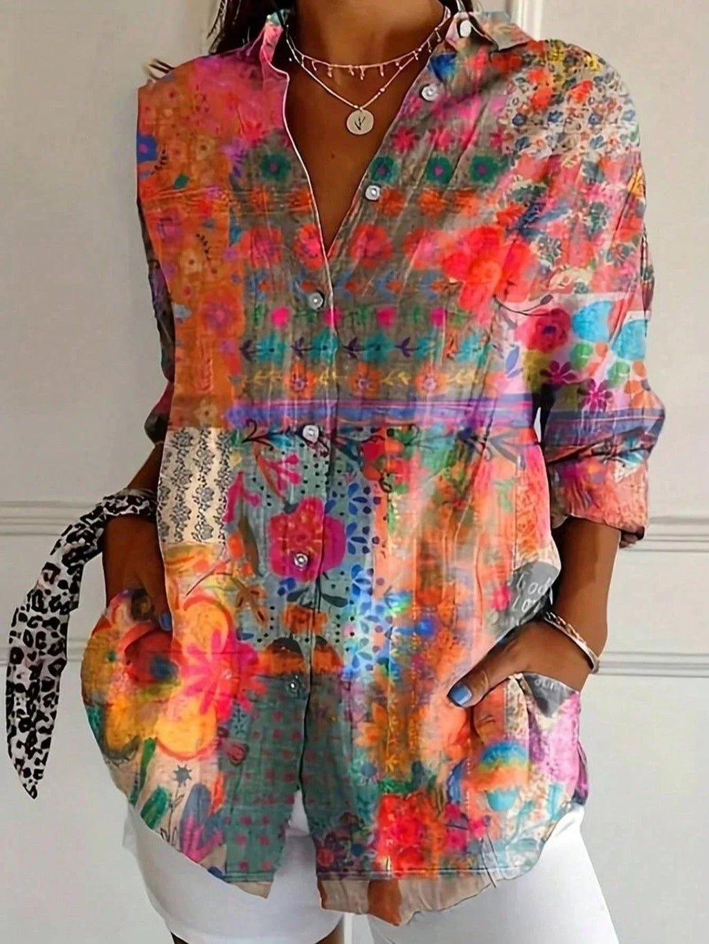 Blouse for Women – Abstract Print Button Front | Long Sleeve & Collared Neckline 1