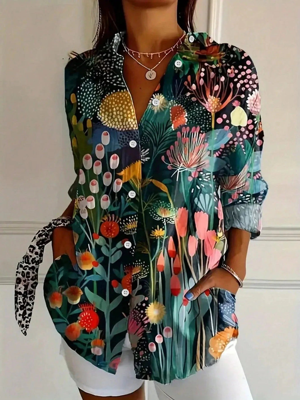 Blouse for Women – Abstract Print Button Front | Long Sleeve & Collared Neckline 2