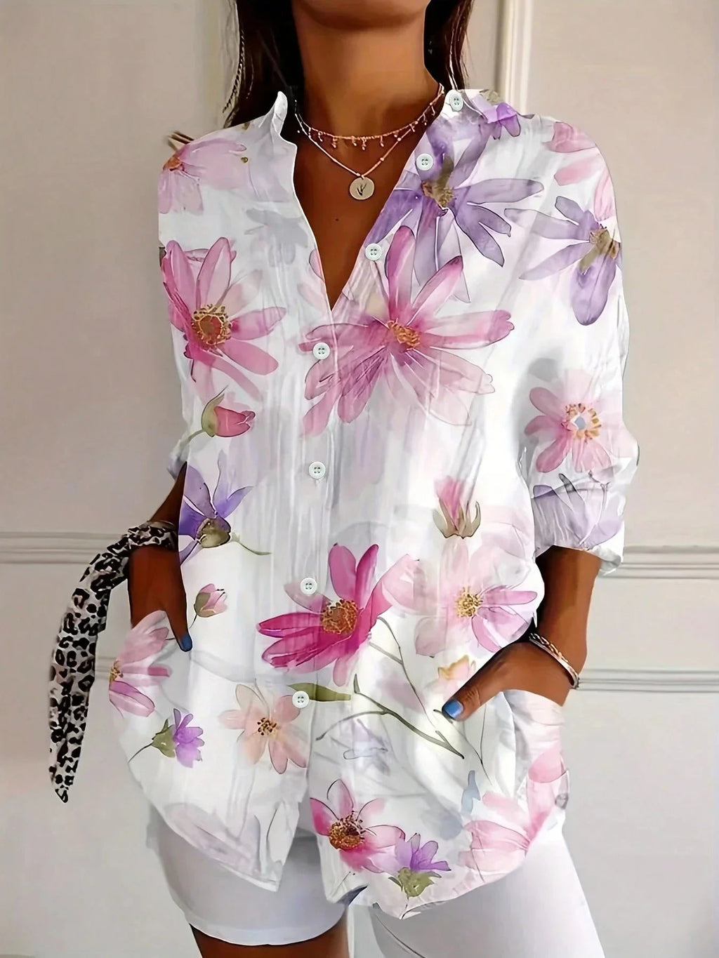 Blouse for Women – Abstract Print Button Front | Long Sleeve & Collared Neckline 3