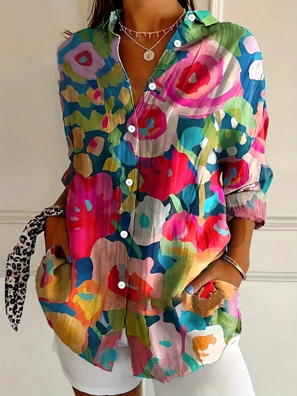 Blouse for Women – Abstract Print Button Front | Long Sleeve & Collared Neckline 4