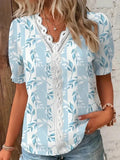 Blouse for Women – Lace V-Neck Design | Printed Pattern & Short Sleeves 0