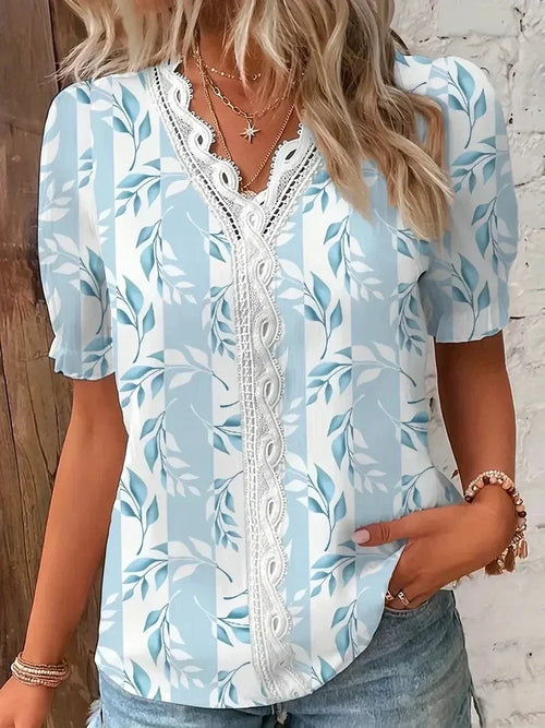 Blouse for Women – Lace V-Neck Design | Printed Pattern & Short Sleeves 0