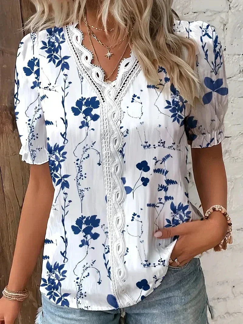 Blouse for Women – Lace V-Neck Design | Printed Pattern & Short Sleeves 1