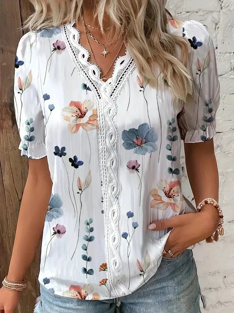 Blouse for Women – Lace V-Neck Design | Printed Pattern & Short Sleeves 2