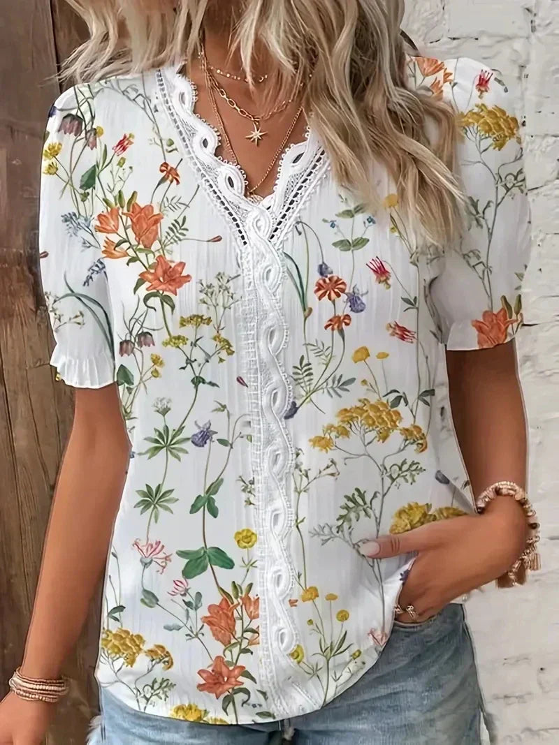 Blouse for Women – Lace V-Neck Design | Printed Pattern & Short Sleeves 3