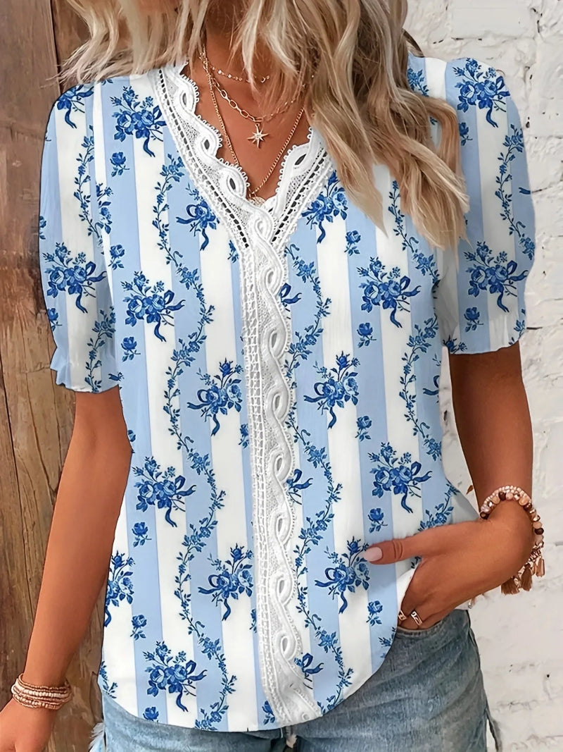 Blouse for Women – Lace V-Neck Design | Printed Pattern & Short Sleeves 4