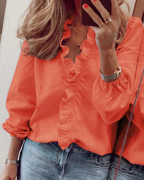 Blouse for Women – Ruffle Trim V-Neck | Long Sleeve Design & Softly Structured Profile 0