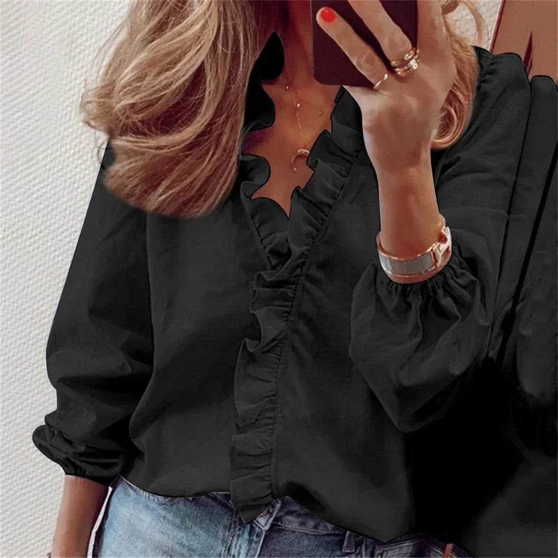 Blouse for Women – Ruffle Trim V-Neck | Long Sleeve Design & Softly Structured Profile 3