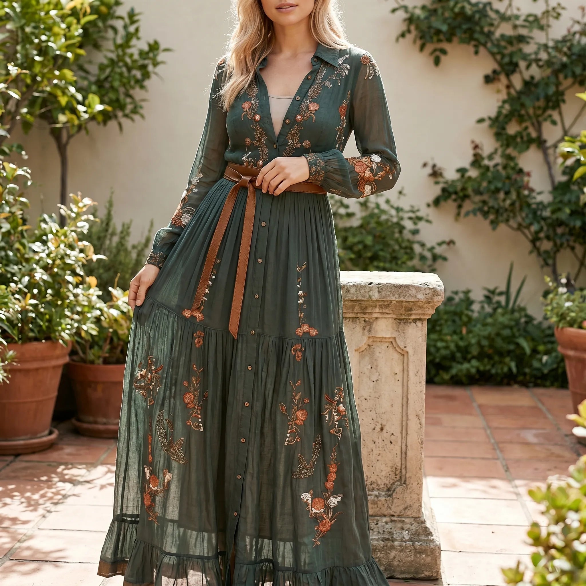 Bohema - Button-Front Maxi Dress For Woman