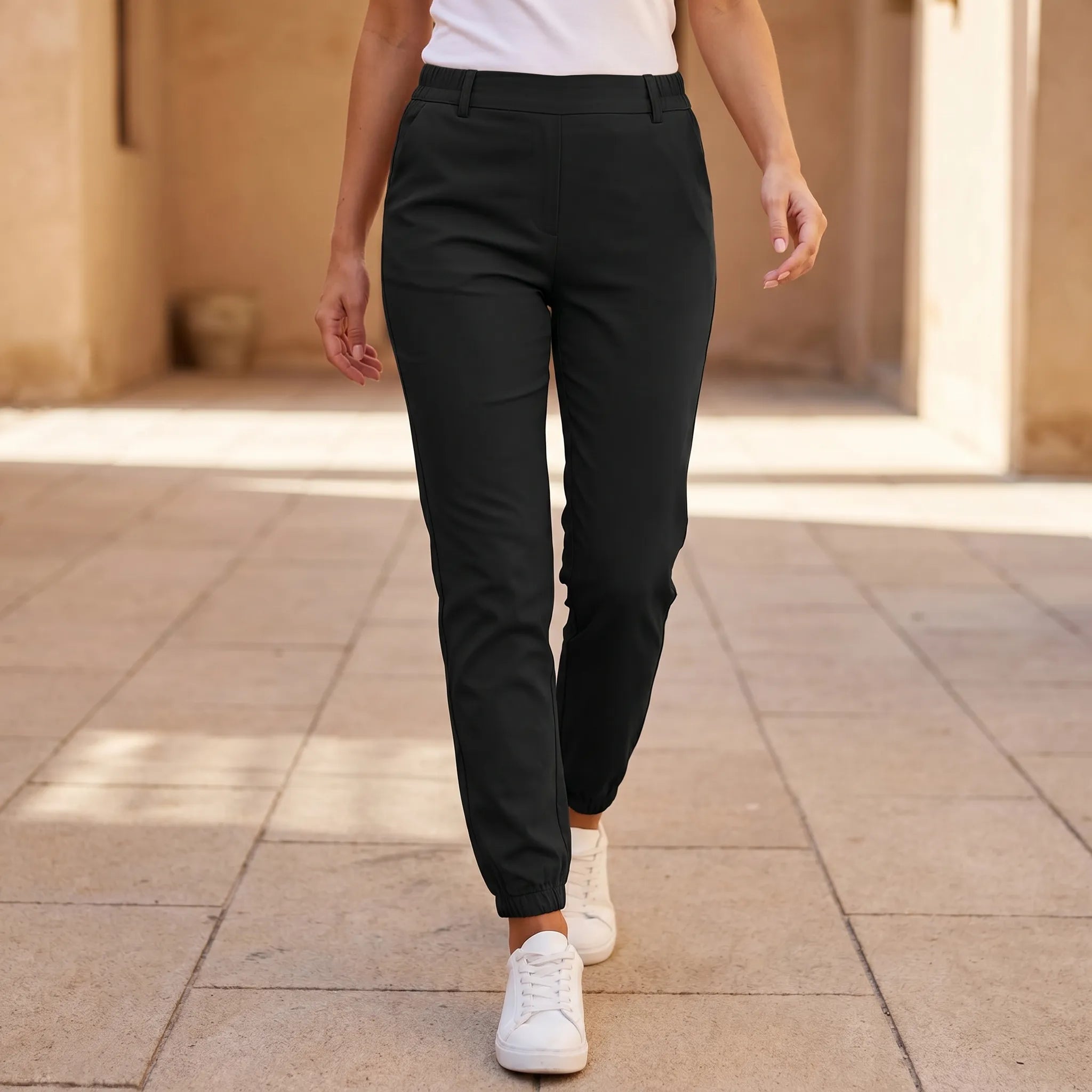 Chino Pants for Women – Relaxed Fit Elastic Waist | Tapered Cut & Side Pockets 1