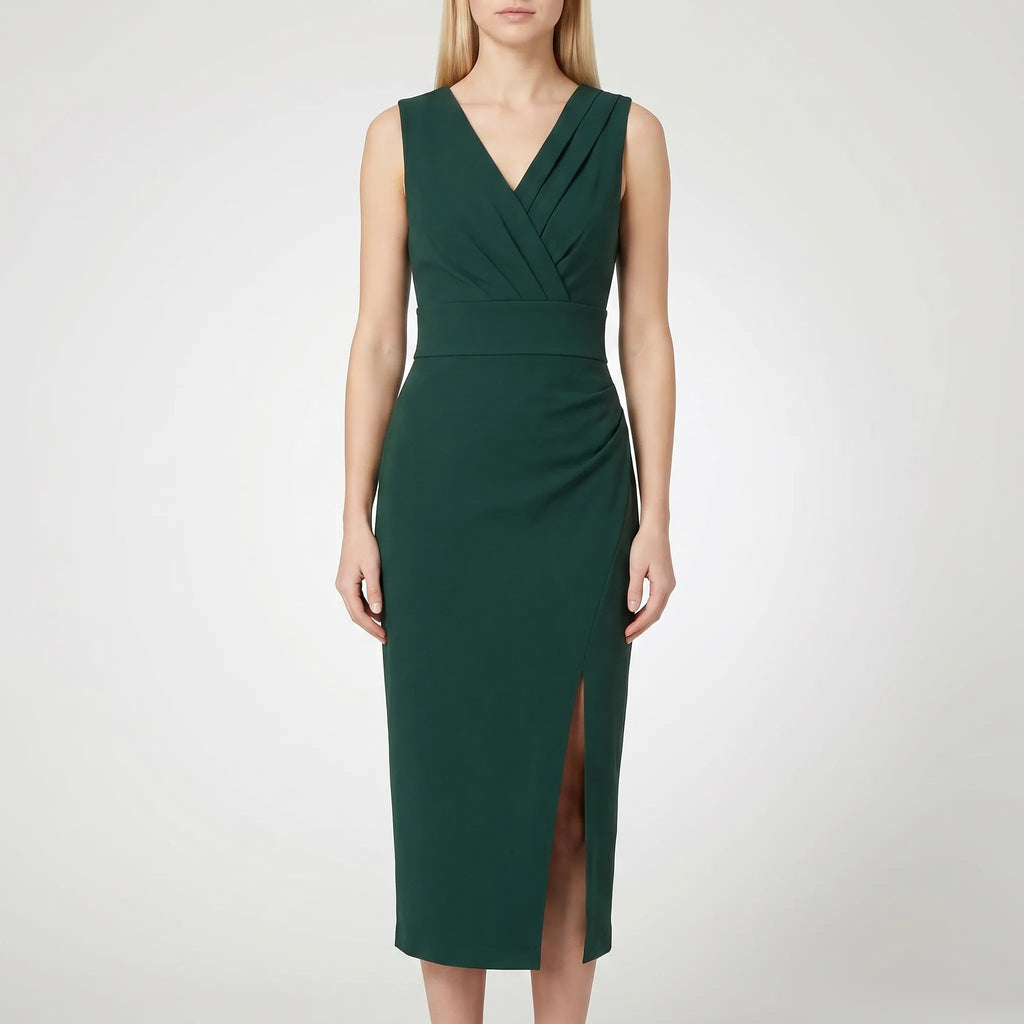 Cocktail Dress for Women – Fitted Crossover V-Neck | Pleated Midi Style 0