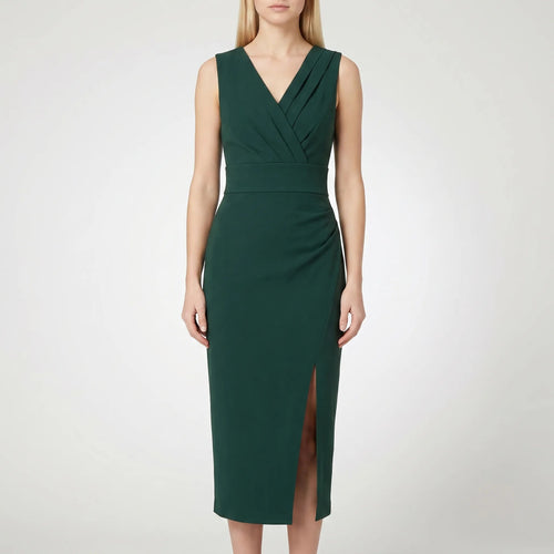 Cocktail Dress for Women – Fitted Crossover V-Neck | Pleated Midi Style 0