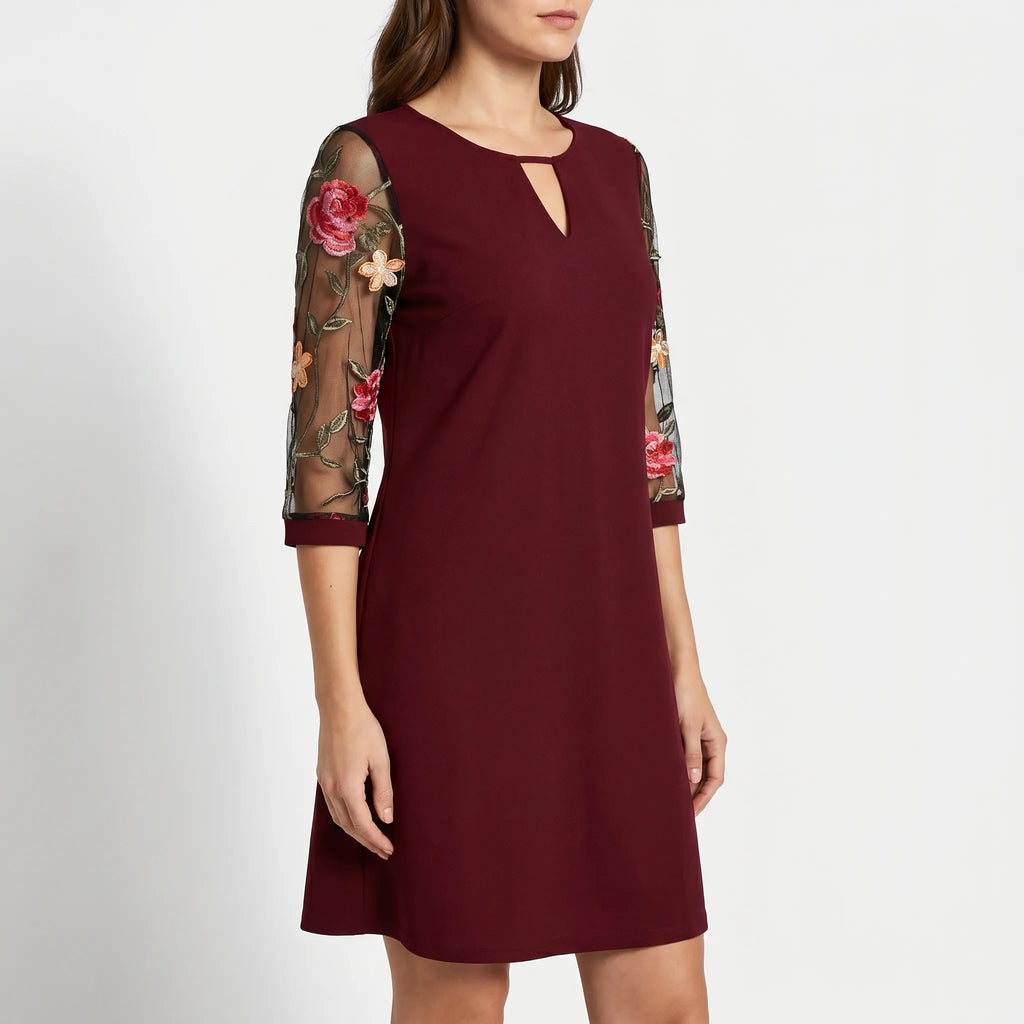 Cocktail Dress for Women – Flared Cut with Sheer Sleeves | Floral Embroidery 4