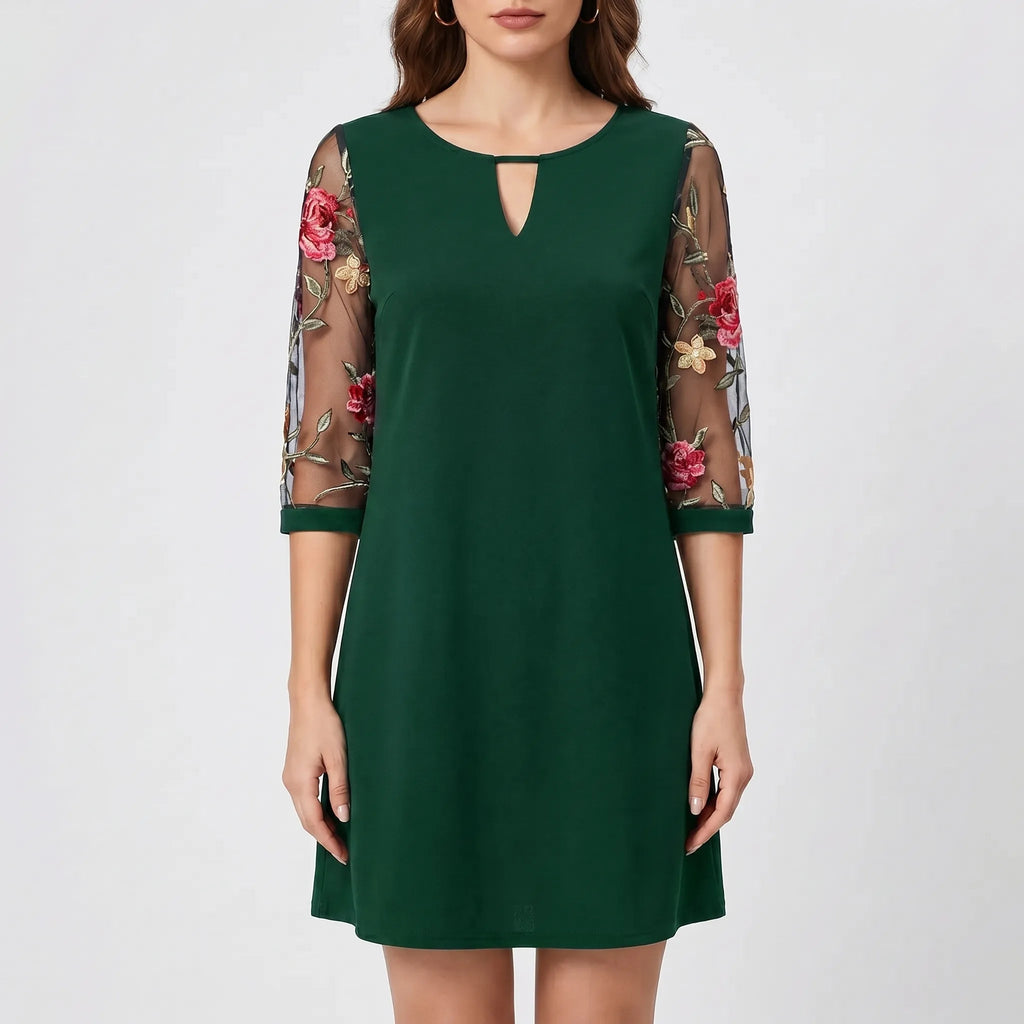 Cocktail Dress for Women – Flared Cut with Sheer Sleeves | Floral Embroidery 6