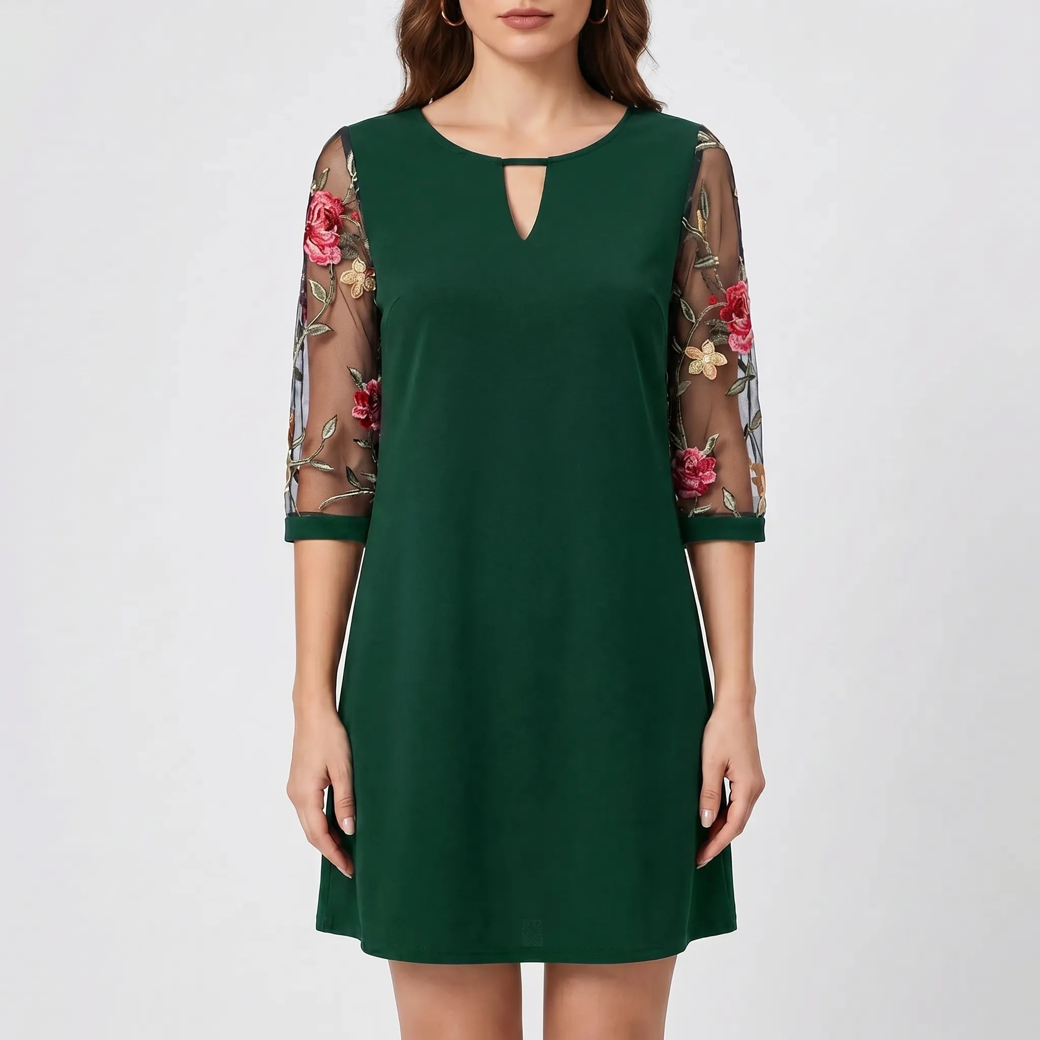 Cocktail Dress for Women – Flared Cut with Sheer Sleeves | Floral Embroidery 6