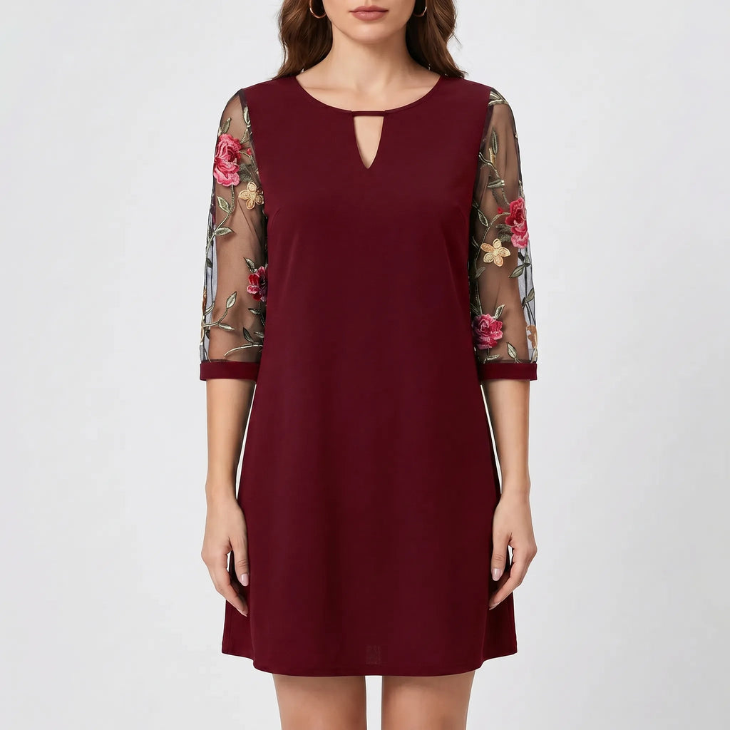 Cocktail Dress for Women – Flared Cut with Sheer Sleeves | Floral Embroidery 7