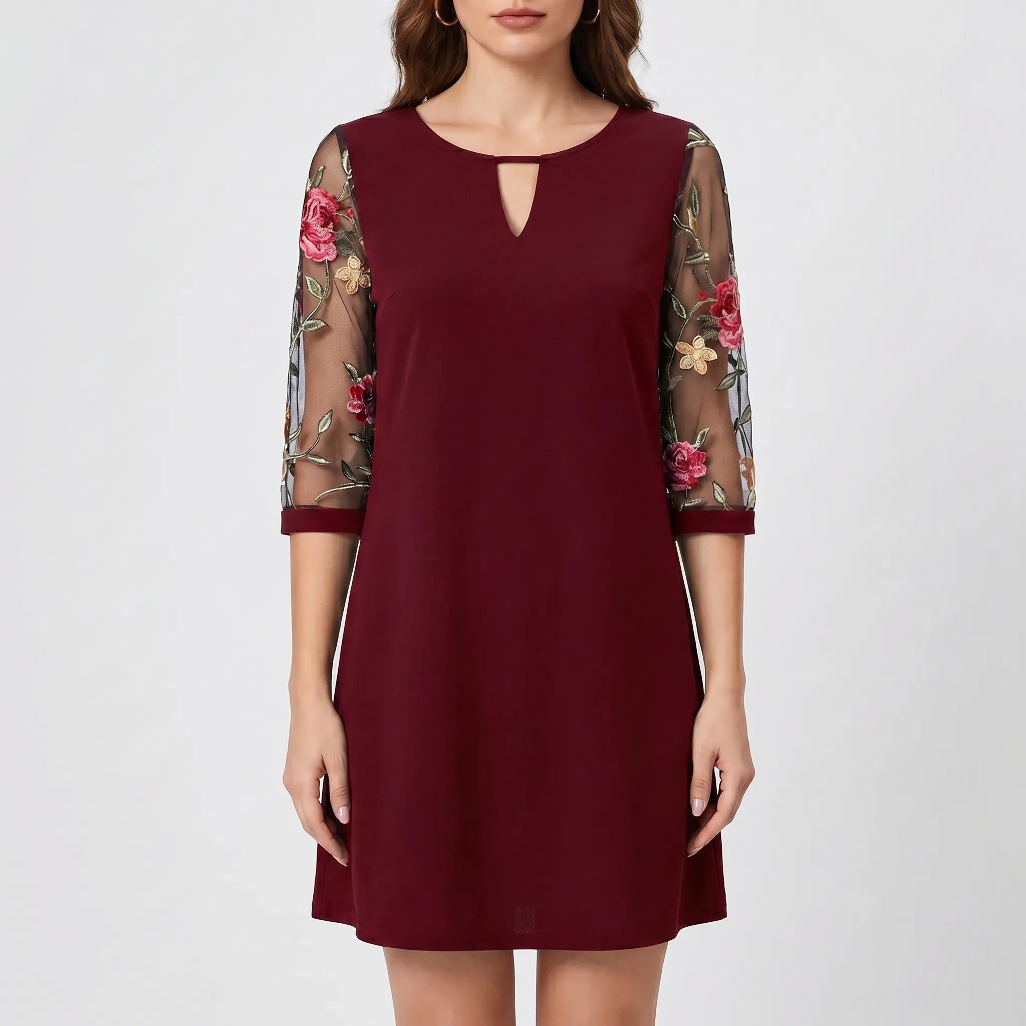 Cocktail Dress for Women – Flared Cut with Sheer Sleeves | Floral Embroidery 7