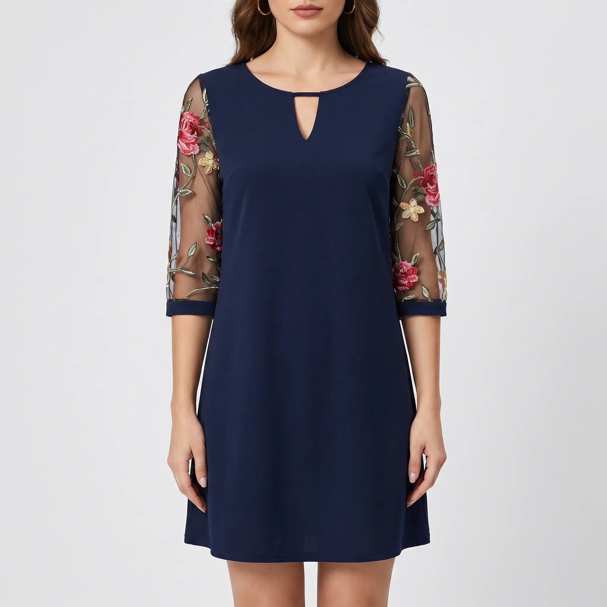 Cocktail Dress for Women – Sheer Sleeve Floral Embroidery | Flared Cut & Teardrop Neckline 0