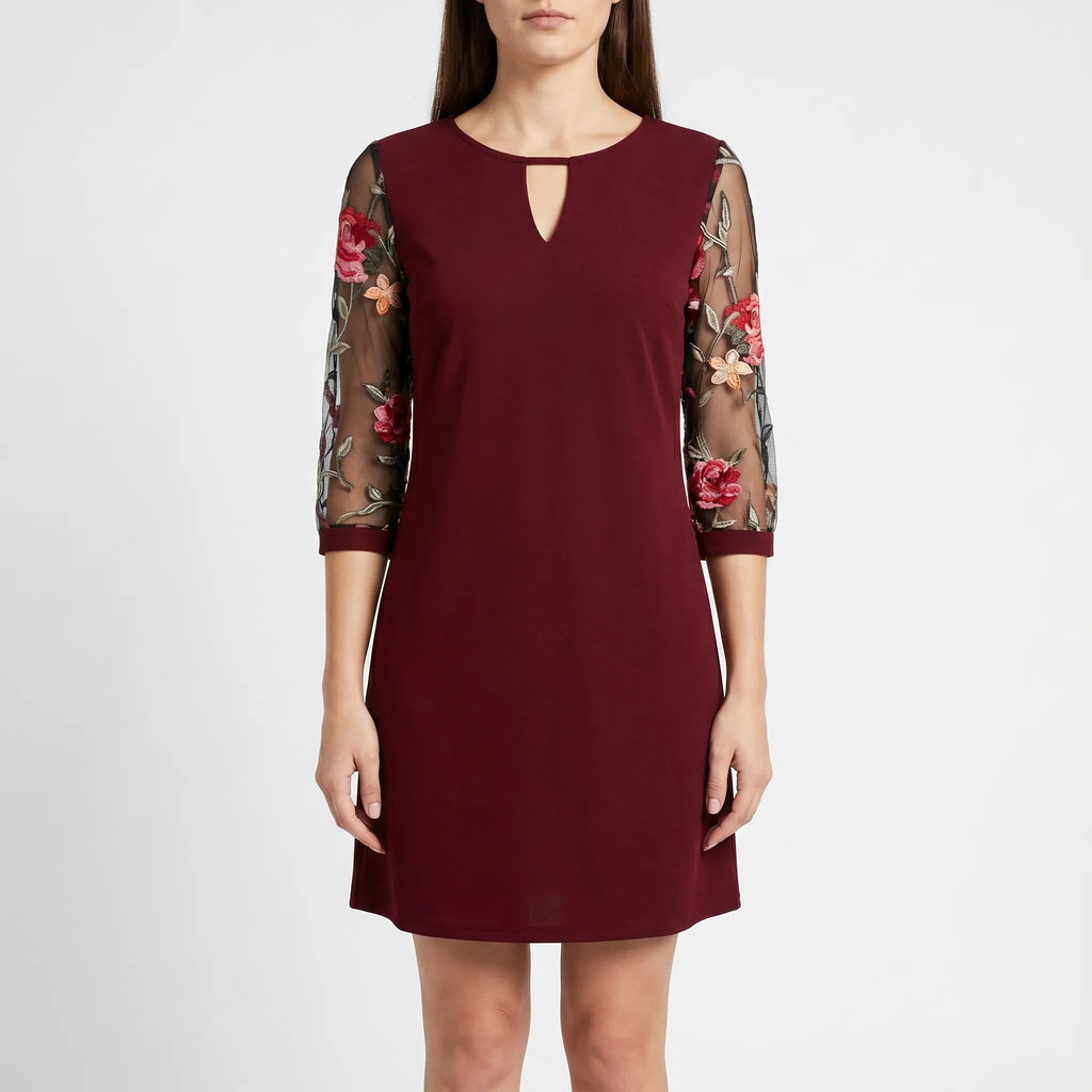 Cocktail Dress for Women – Sheer Sleeve Floral Embroidery | Flared Cut & Teardrop Neckline 1
