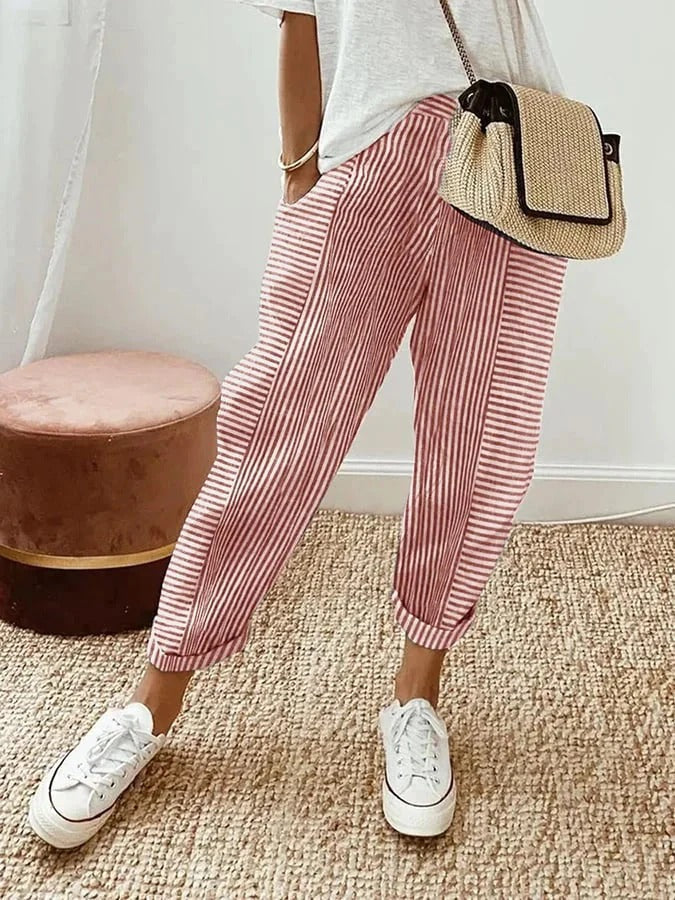 Cropped Pants for Women – Vertical Stripe Pattern | Mid-Rise & Side Pockets 1