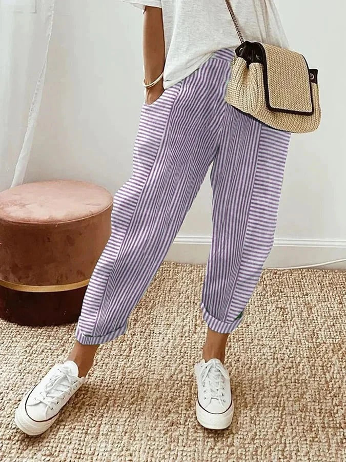 Cropped Pants for Women – Vertical Stripe Pattern | Mid-Rise & Side Pockets 5