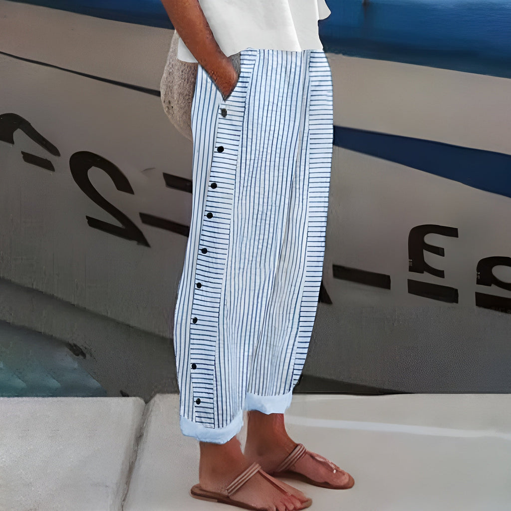 Cropped Trousers for Women – Stripe Panel Button Detail | Mid-Rise & Side Pockets 0