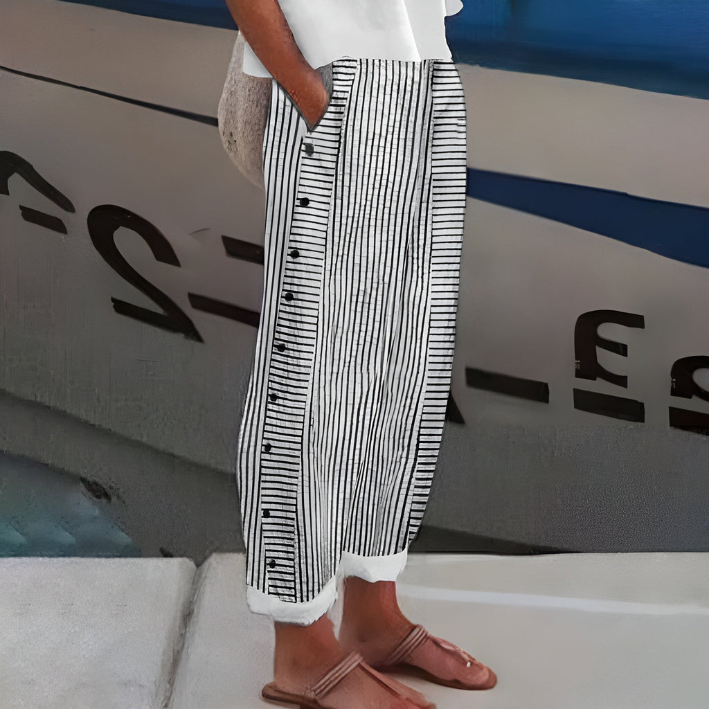 Cropped Trousers for Women – Stripe Panel Button Detail | Mid-Rise & Side Pockets 1