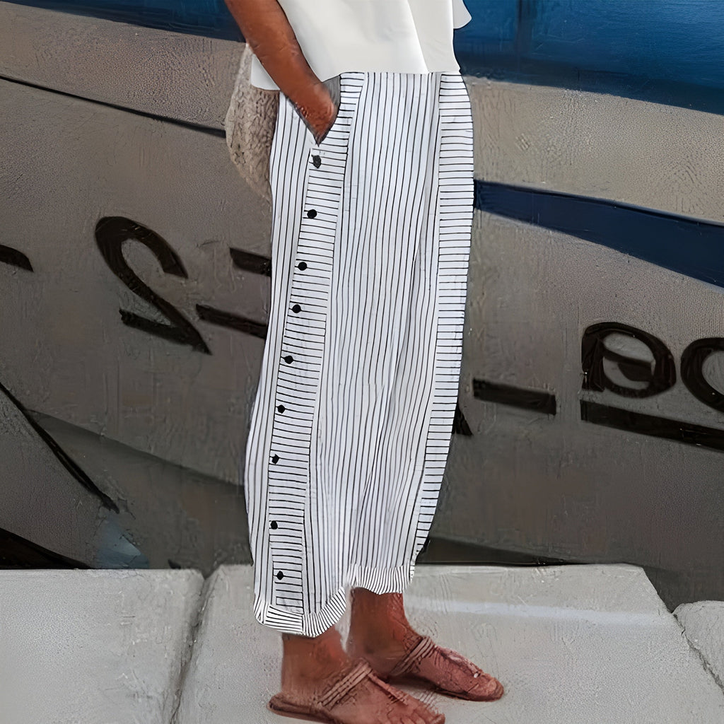 Cropped Trousers for Women – Stripe Panel Button Detail | Mid-Rise & Side Pockets 2