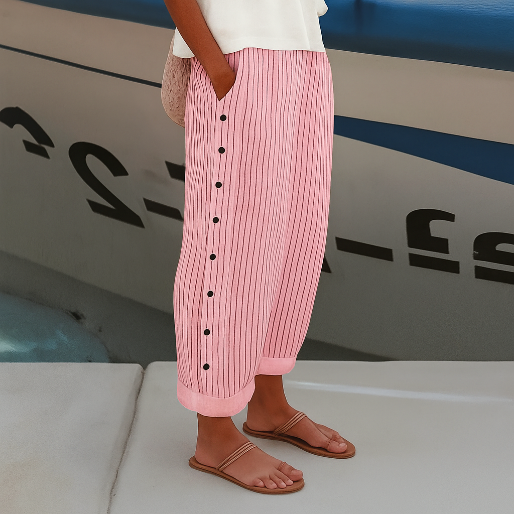 Cropped Trousers for Women – Stripe Panel Button Detail | Mid-Rise & Side Pockets 3