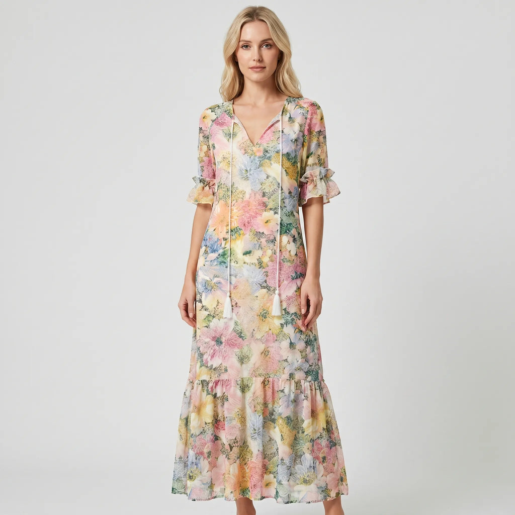Floral Maxi Dress for Women – Flowing Silhouette | Short Ruffled Sleeves &amp; Lightweight Fabric 1
