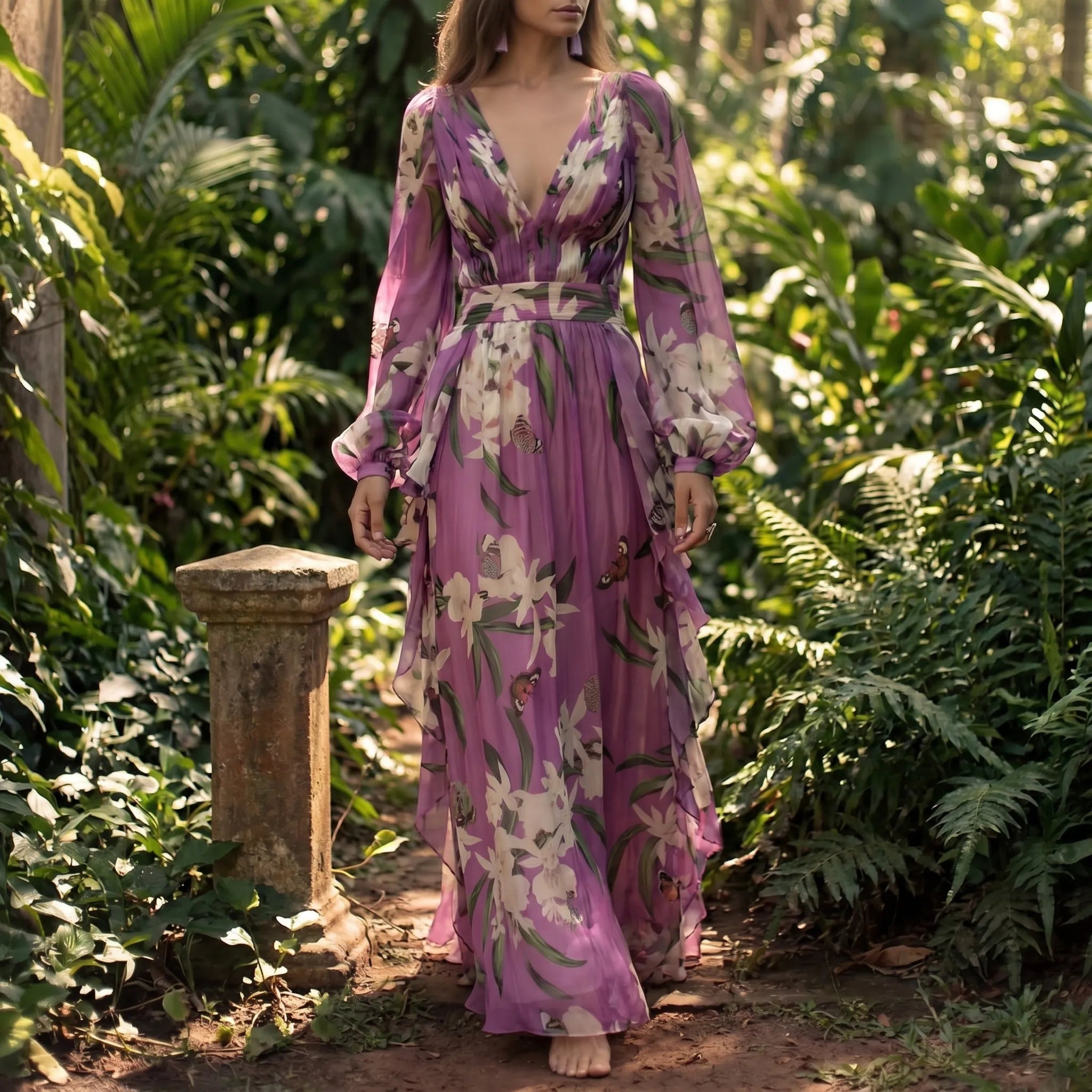 Floravia - Floral Long Sleeve Dress For Woman