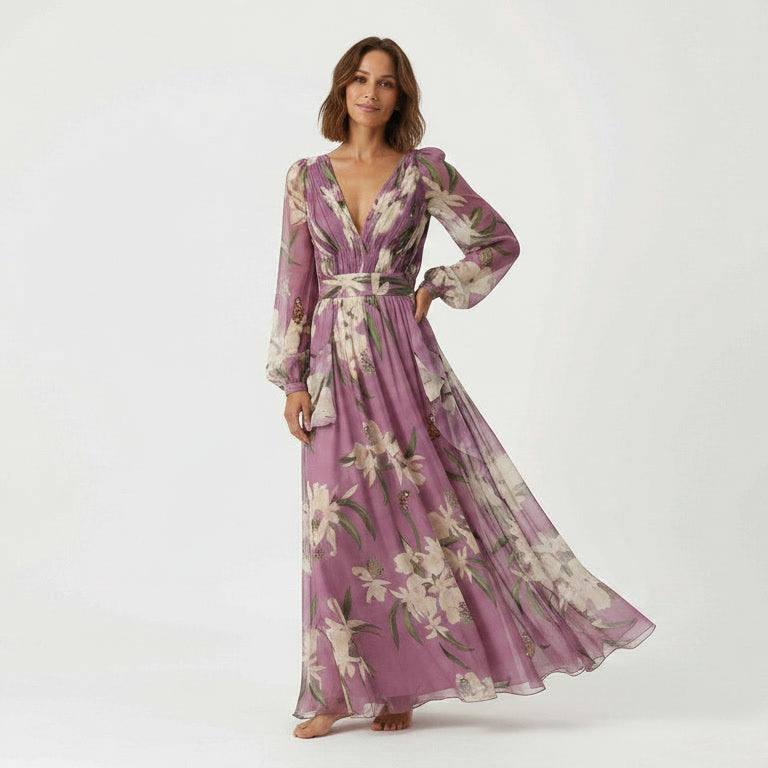 Floravia - Floral Long Sleeve Dress For Woman