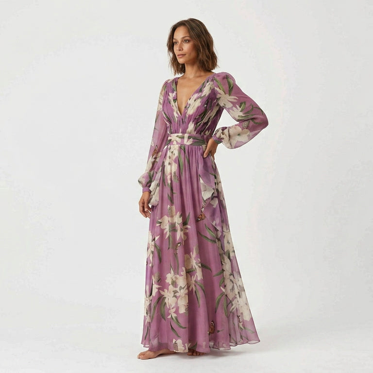 Floravia - Floral Long Sleeve Dress For Woman