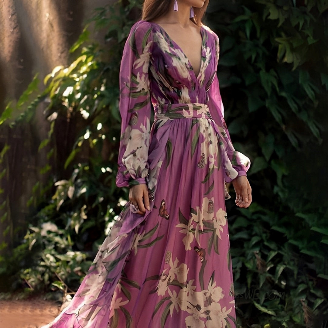 Floravia - Floral Long Sleeve Dress For Woman