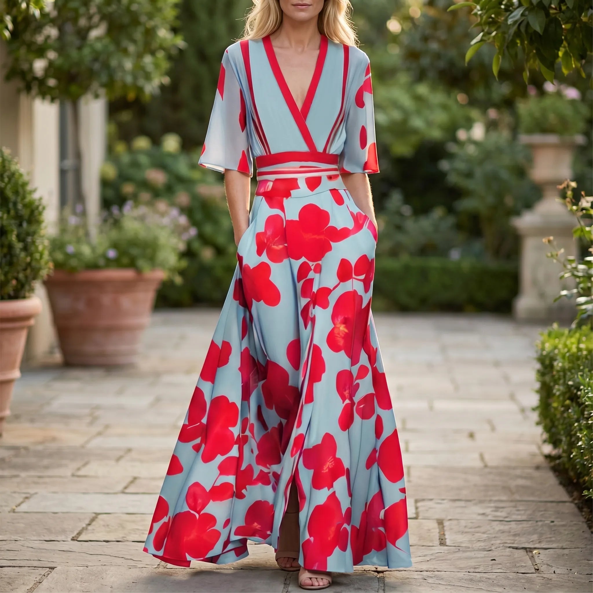 Long Floral Dress for Women – Crossed Neckline | High-Contrast Print & Side Pockets 1