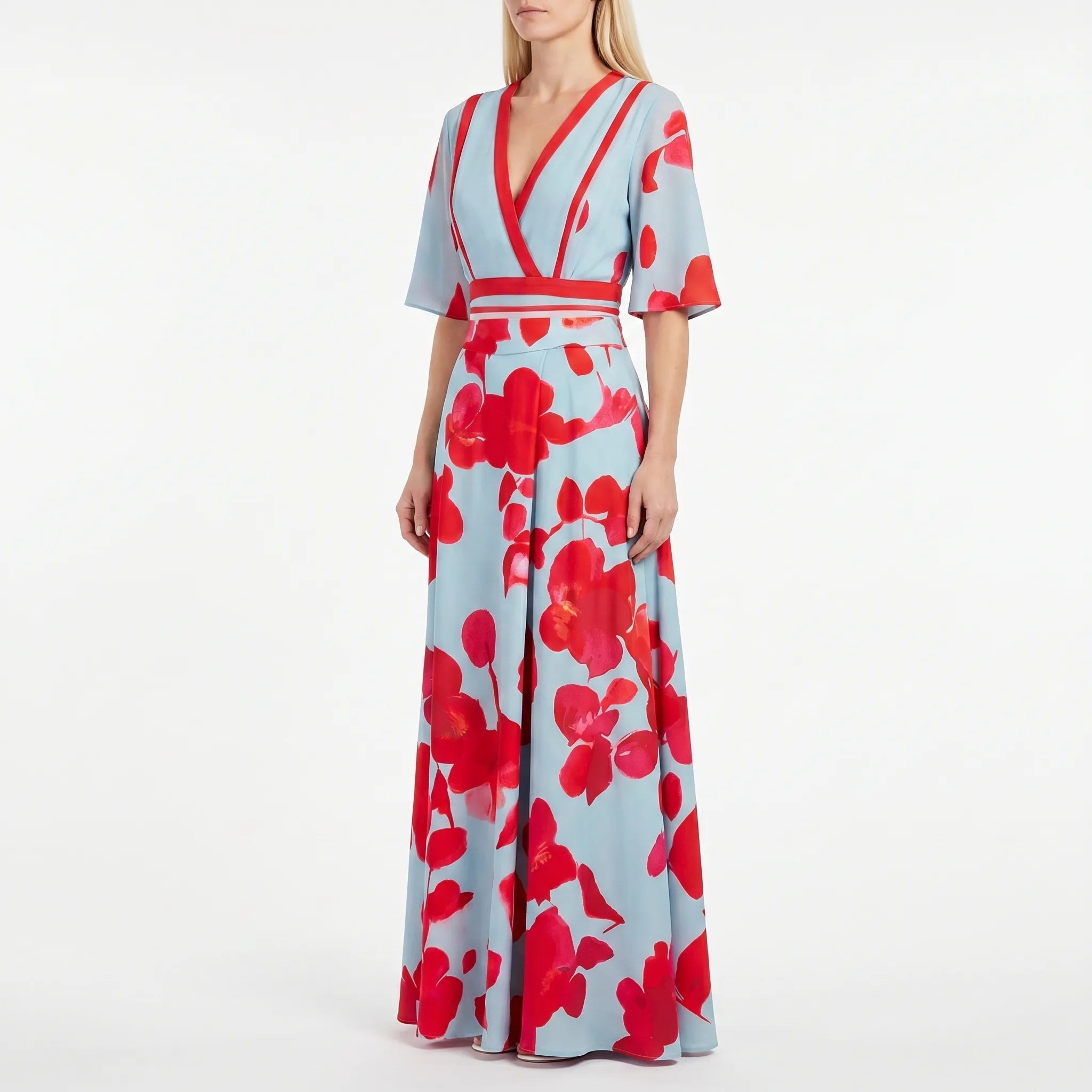 Long Floral Dress for Women – Crossed Neckline | High-Contrast Print & Side Pockets 3