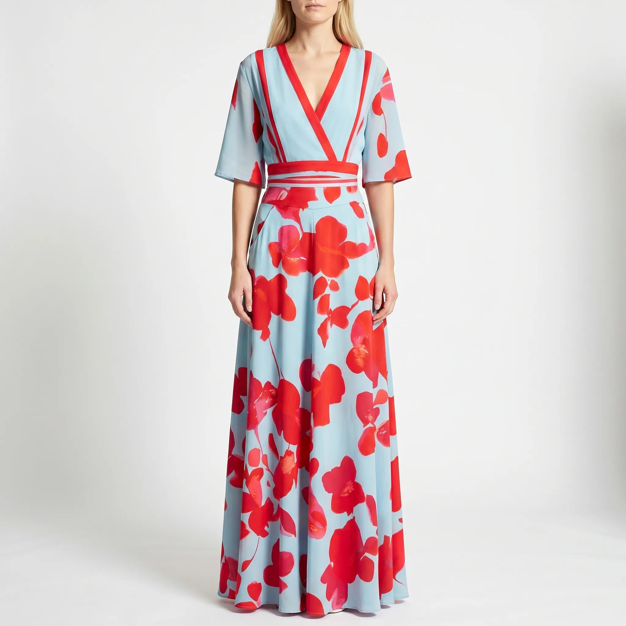 Long Floral Dress for Women – Crossed Neckline | High-Contrast Print & Side Pockets 4