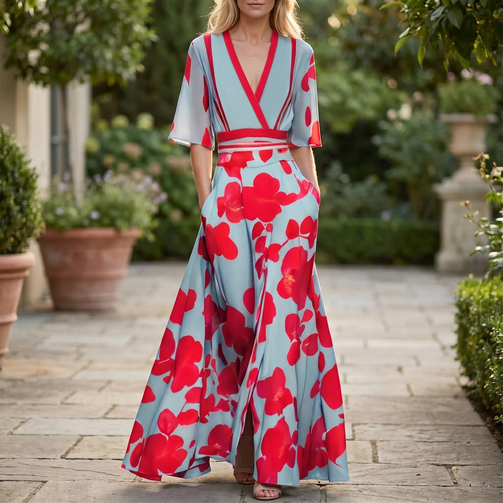 Long Floral Dress for Women – Crossed Neckline & Side Pockets | Full Length Summer Style 1