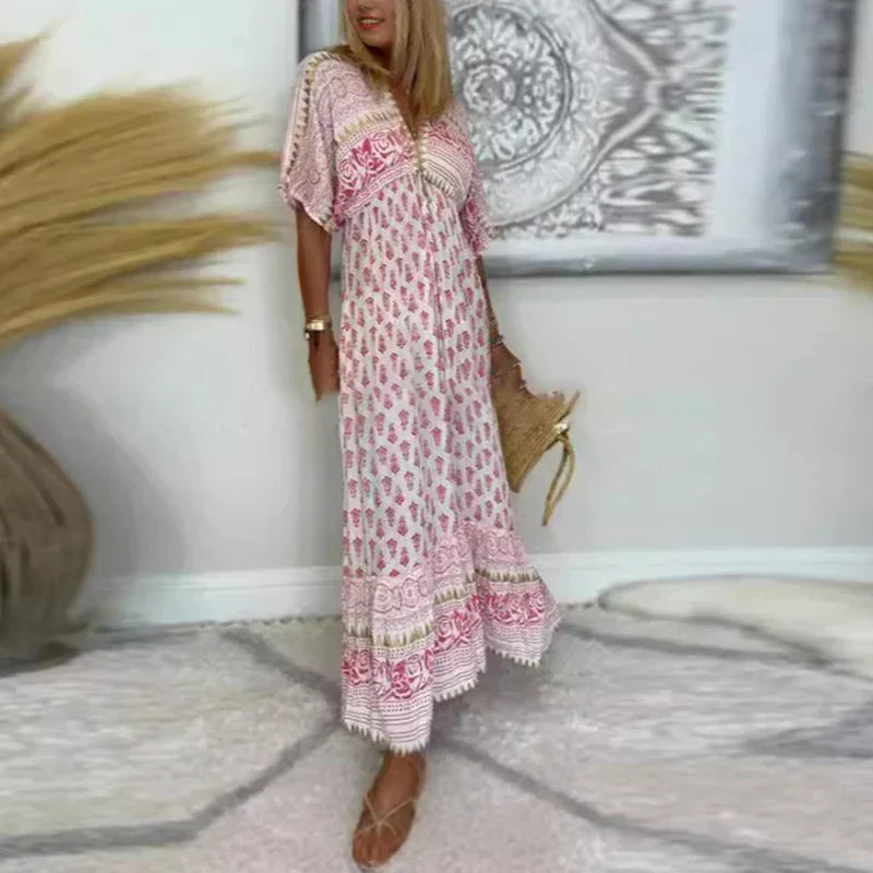 Maxi Dress for Women – Boho Print V-Neck | Loose Fit & Short Sleeves 1