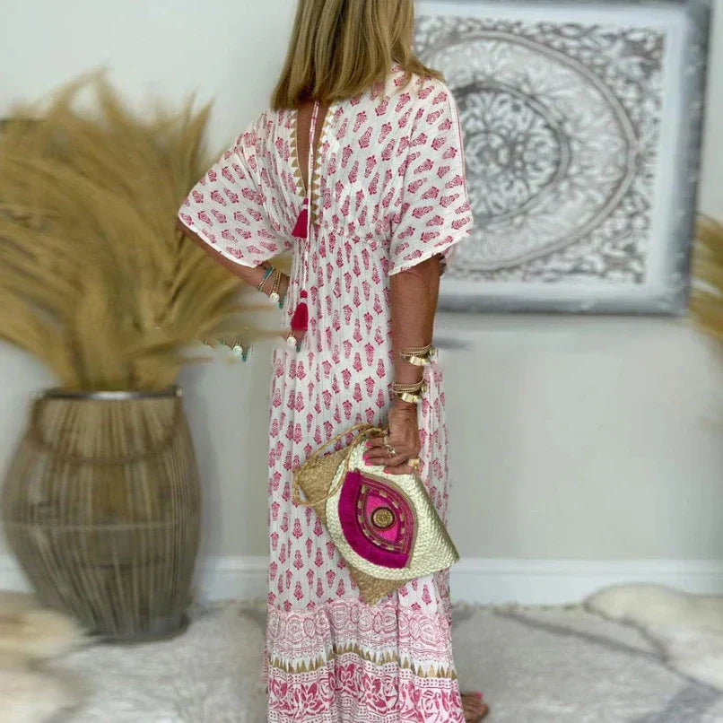 Maxi Dress for Women – Boho Print V-Neck | Loose Fit & Short Sleeves 2