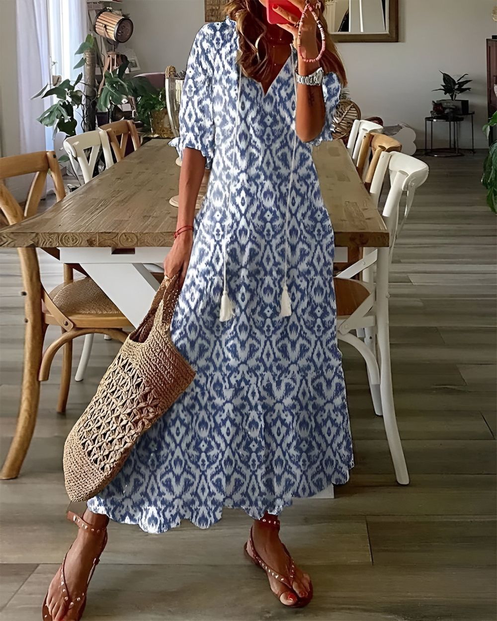 Maxi Dress for Women – Boho V-Neck | Tassel Tie & Short Sleeves 0