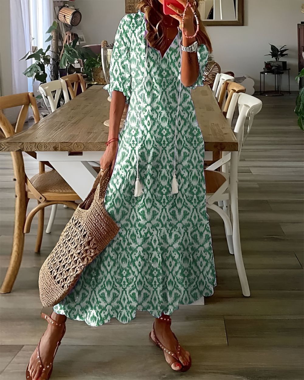 Maxi Dress for Women – Boho V-Neck | Tassel Tie & Short Sleeves 1