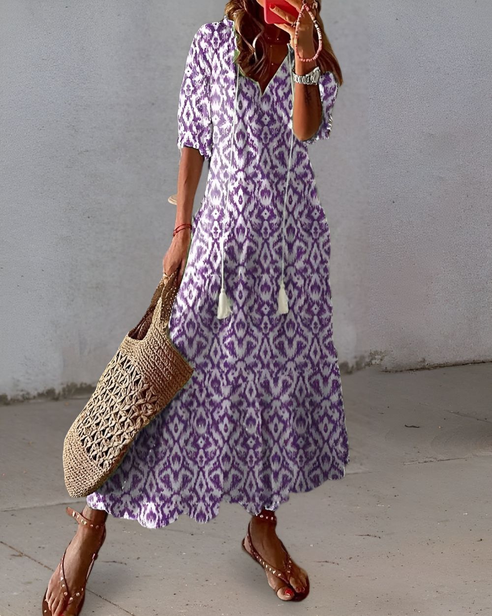 Maxi Dress for Women – Boho V-Neck | Tassel Tie & Short Sleeves 2