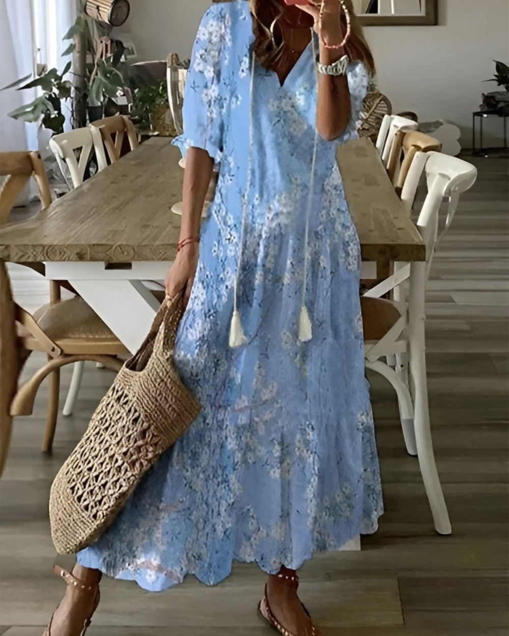 Maxi Dress for Women – Boho V-Neck | Tassel Tie & Short Sleeves 3