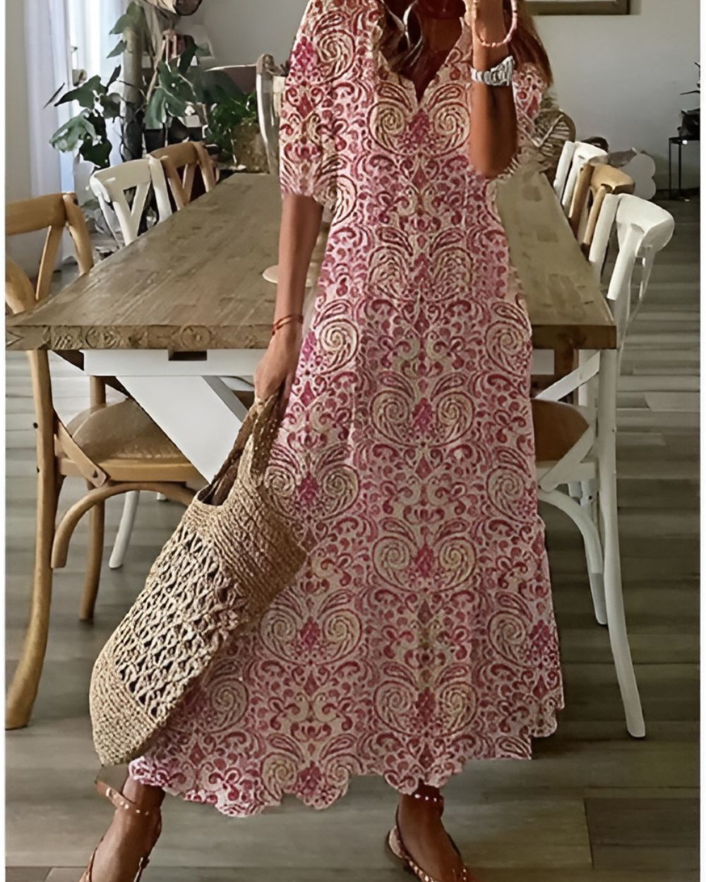 Maxi Dress for Women – Boho V-Neck | Tassel Tie & Short Sleeves 4